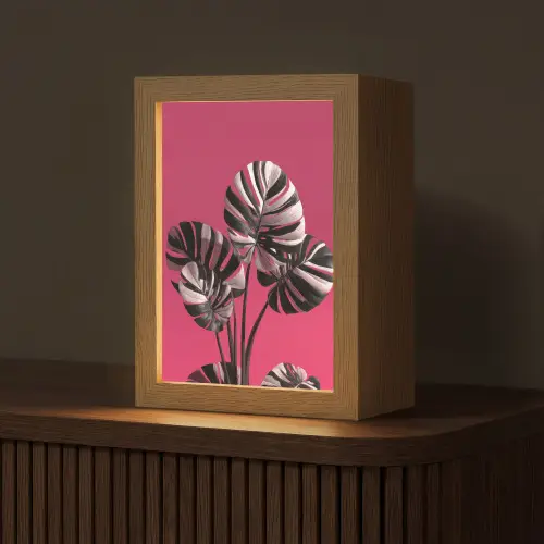 Bladeren - Rond - Roze Light Box met kabel (Tafellamp) klein -z3d_website