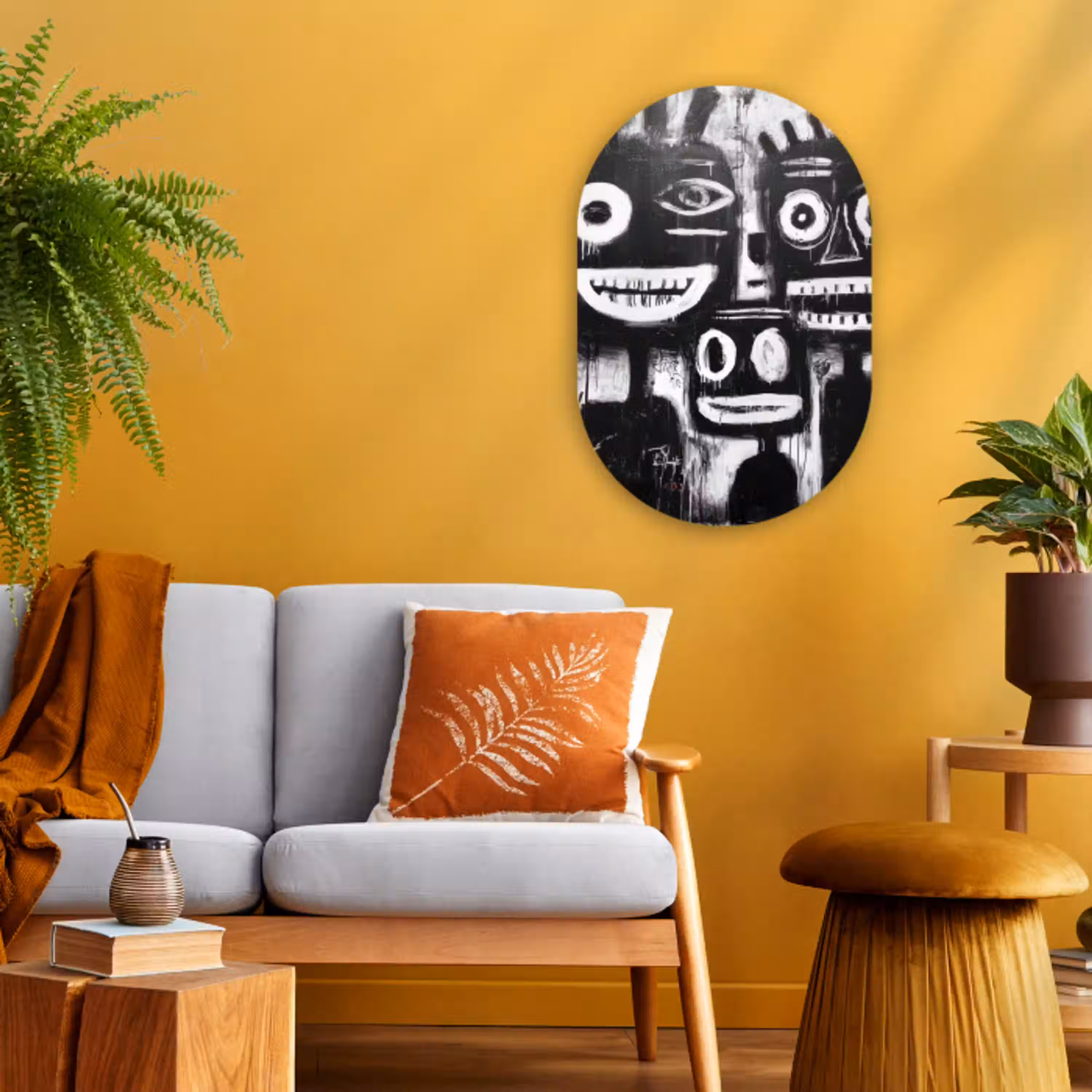 Schilderij - Figuren - Zwart - Abstract Wandcirkel Ovaal Forex klein -sfeer4