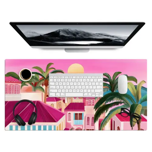 Stad - Roze - Palmbomen Muismat XXL klein -3d