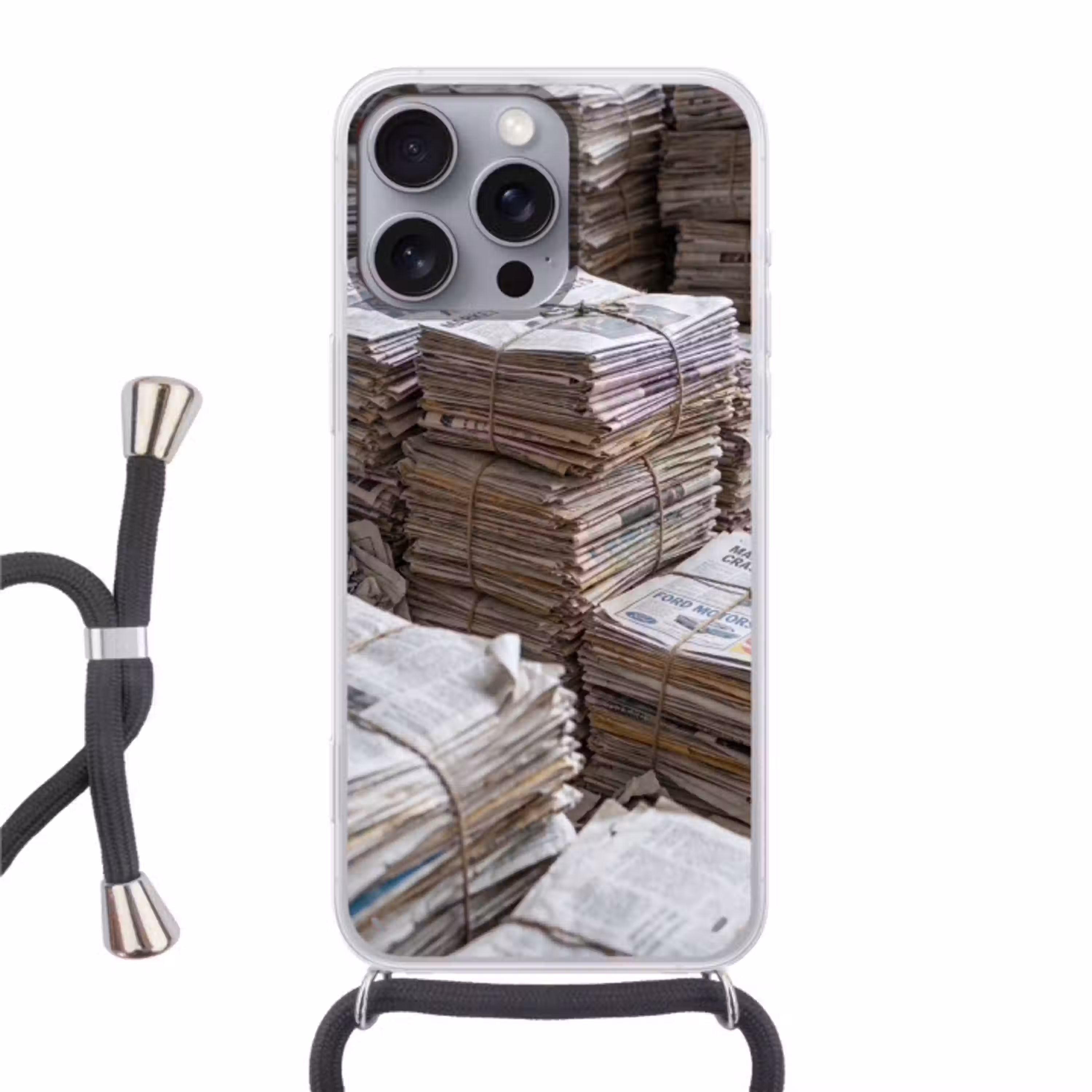 Kranten - Stapels - Touw - Informatie - Vintage Hoesje iPhone 16 Pro Max met koord klein -3d