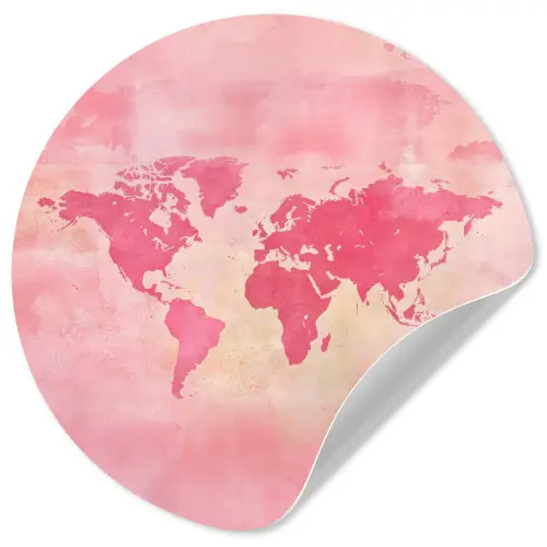 Wereldkaart - Roze - Vaag Wandcirkel behangsticker klein -3d