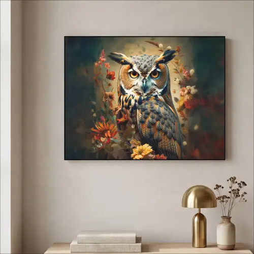 Uil - Vogel - Bloemen - Planten - Botanisch Textielframe - compleet frame klein -sfeer2