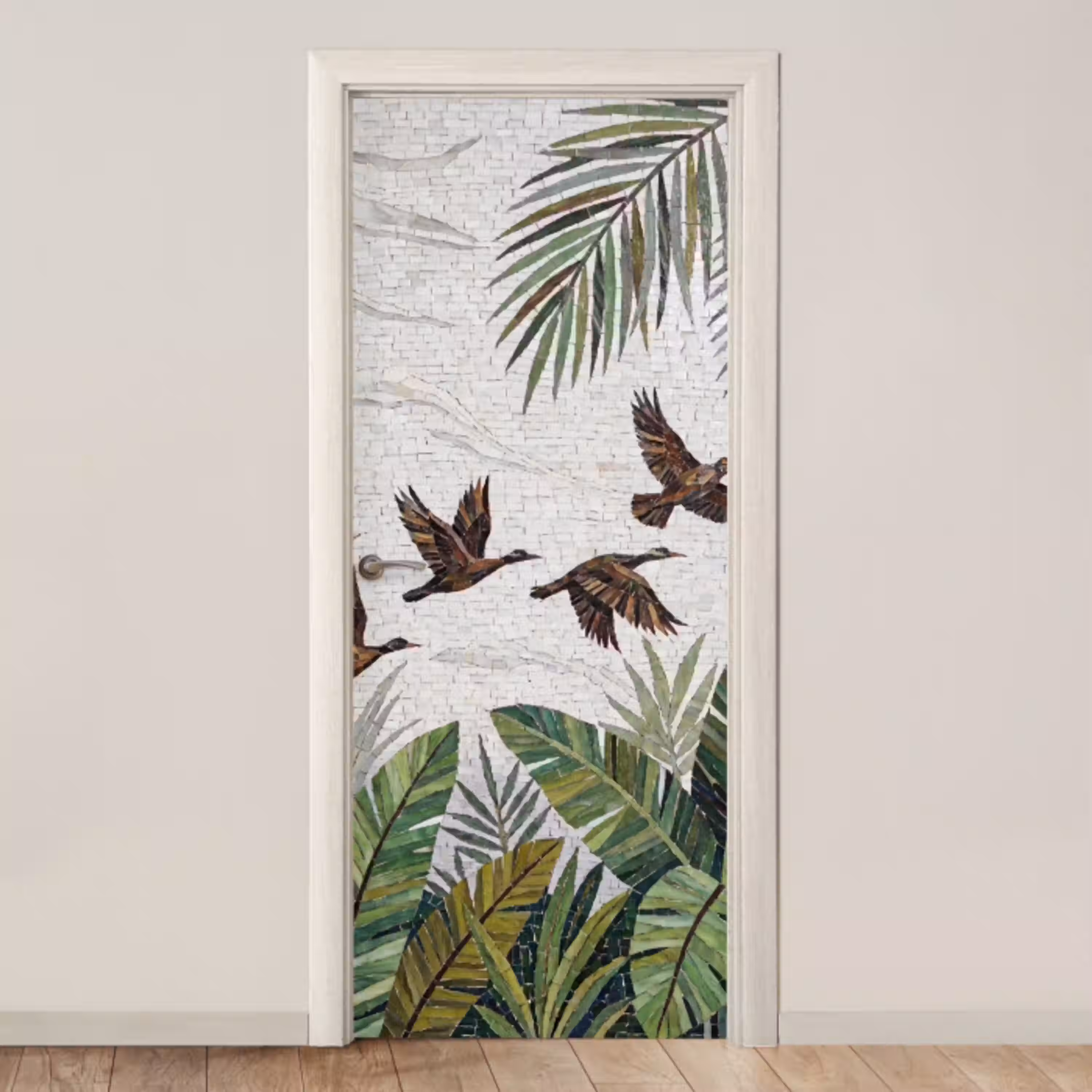 Vogel - Vliegend - Tropisch - Mozaïek - Groen deurposter klein -3d_beige