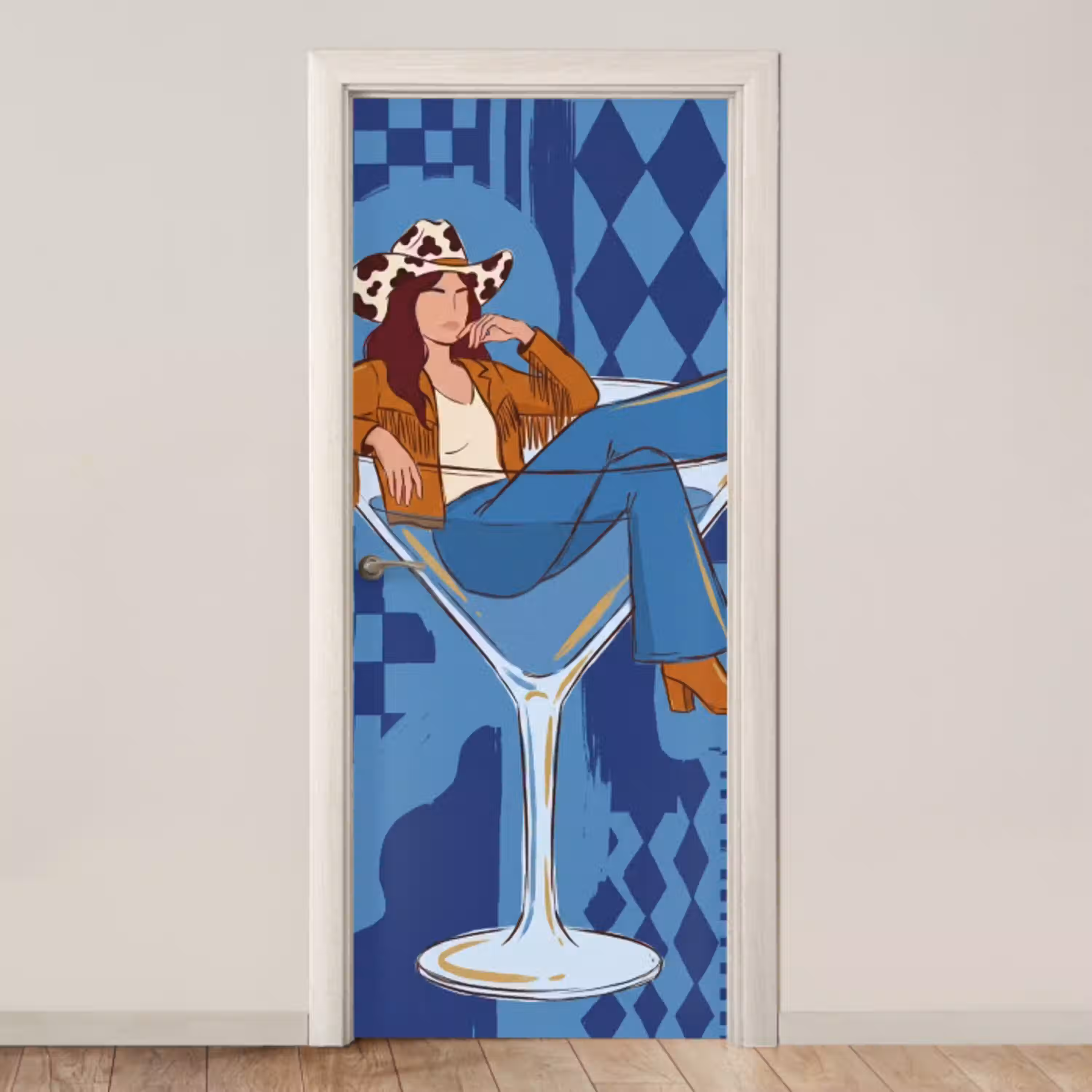 Vrouw - Martini glas - Abstract - Blauw - Kunst deurposter klein -3d_beige