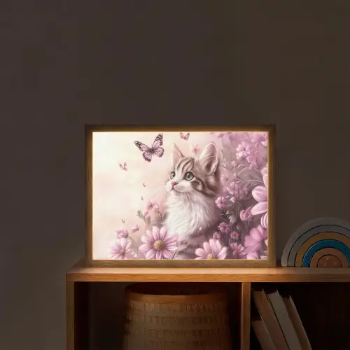 Kitten - Bloemen - Vlinders - Paars Light Box met batterij (Wandlamp kind) middel -sfeer1_kind
