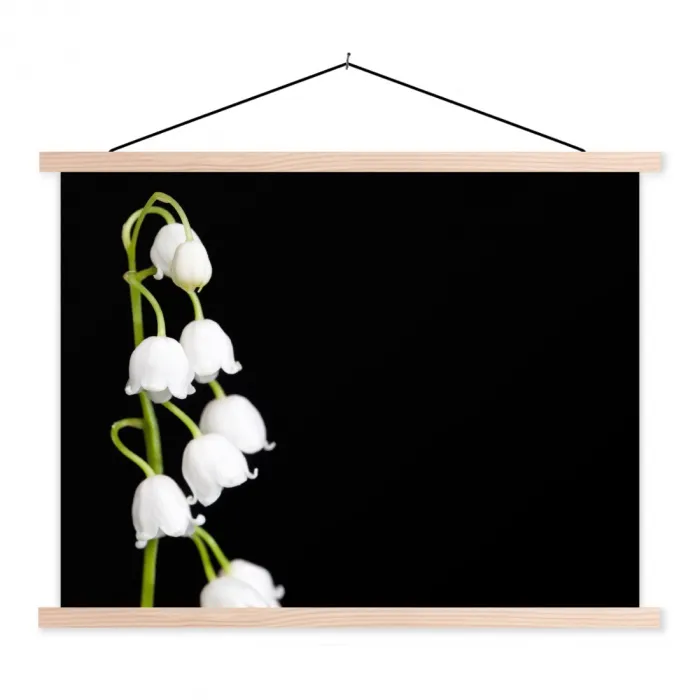 Lelietjes van dalen - Bloemen - Zwart - Flora textielposter latten blank klein -3d