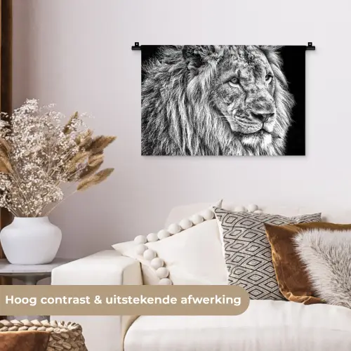 Portret - Leeuw - Zwart wit Wandkleed katoen klein -sfeer1