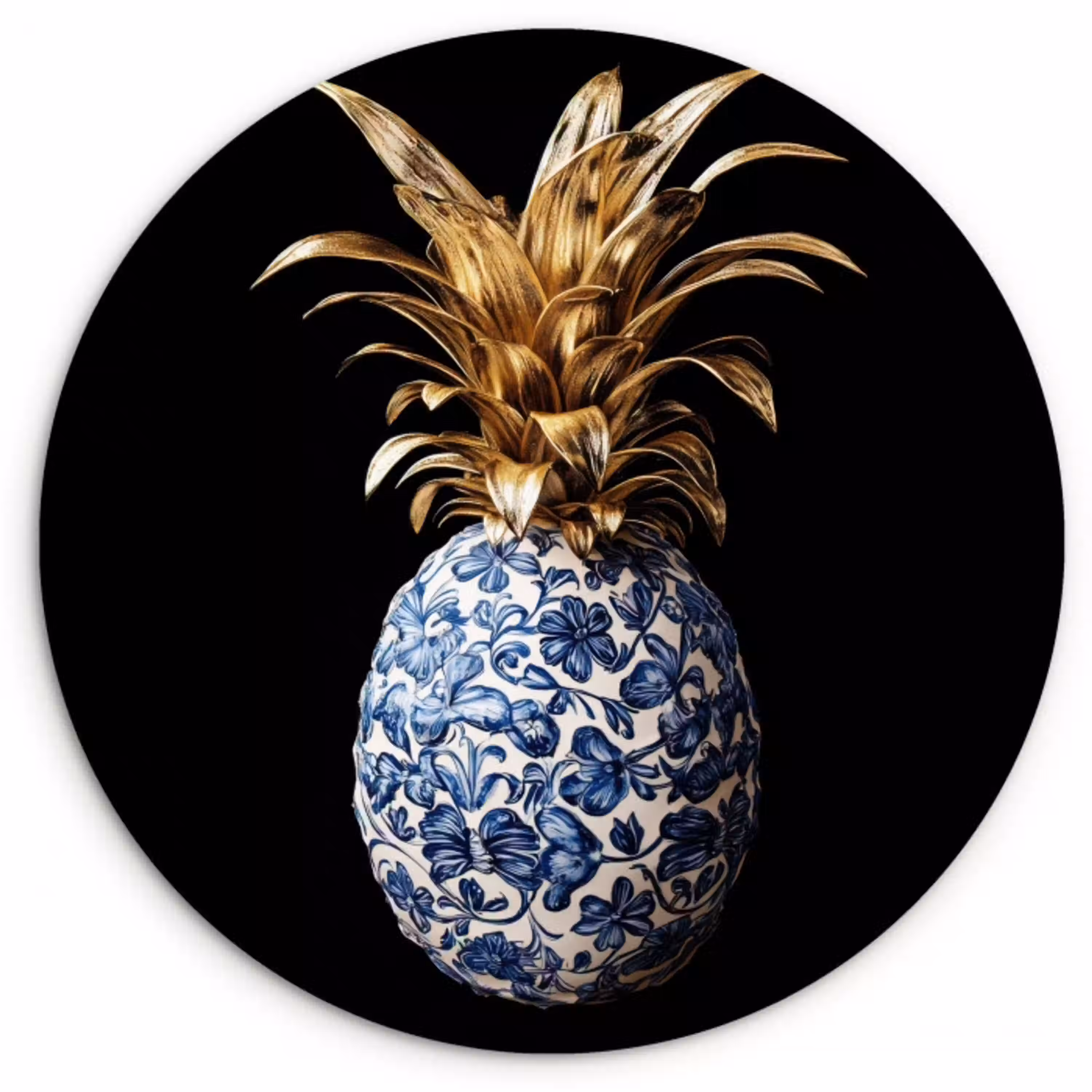 Ananas - Bloemen patroon - Goud - Delftsblauw Wandcirkel kunststof plaat 5mm dik klein -3d