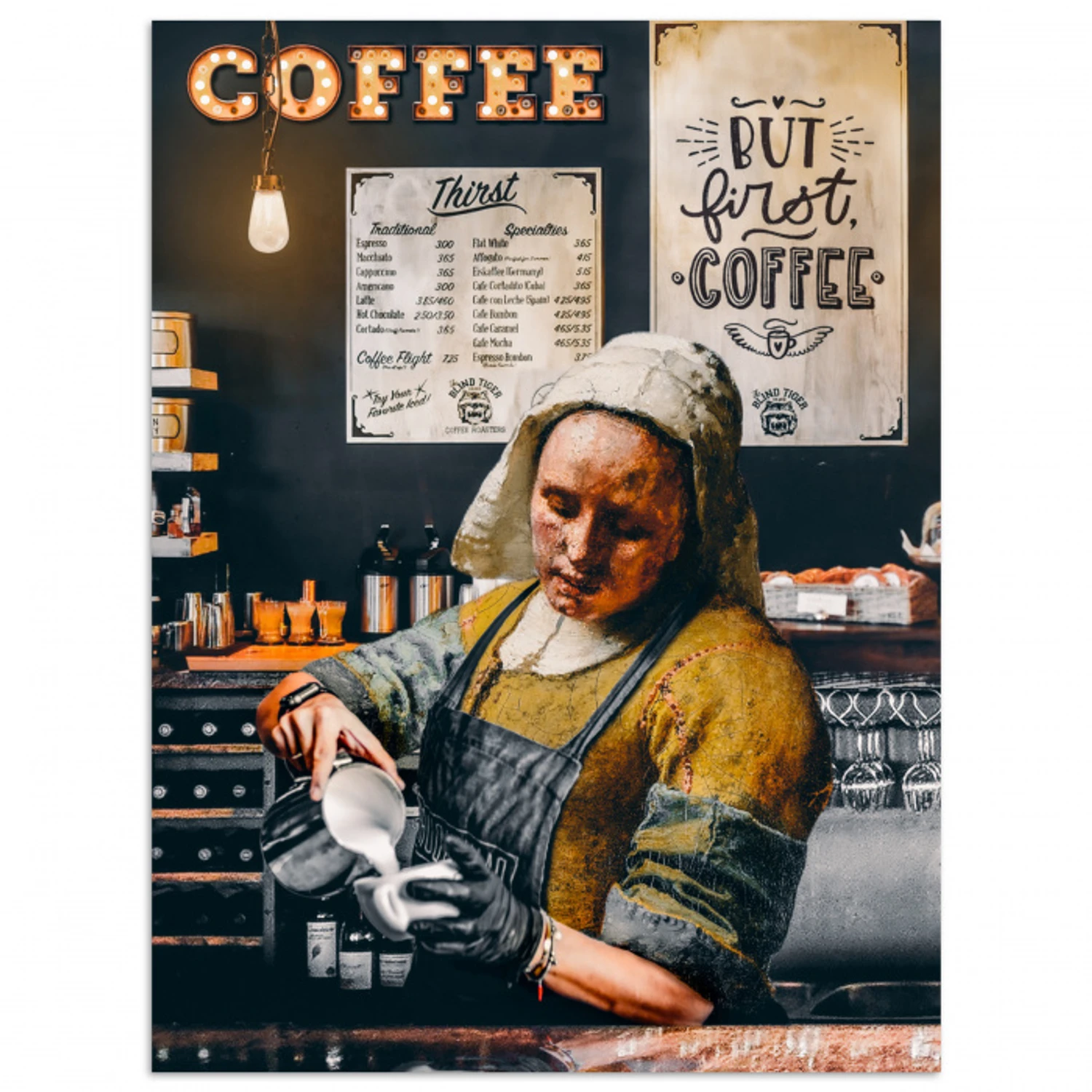Melkmeisje - Barista - Koffie - Vintage - Kunst - Abstract - Schilderij - Oude meesters poster papier klein -3d