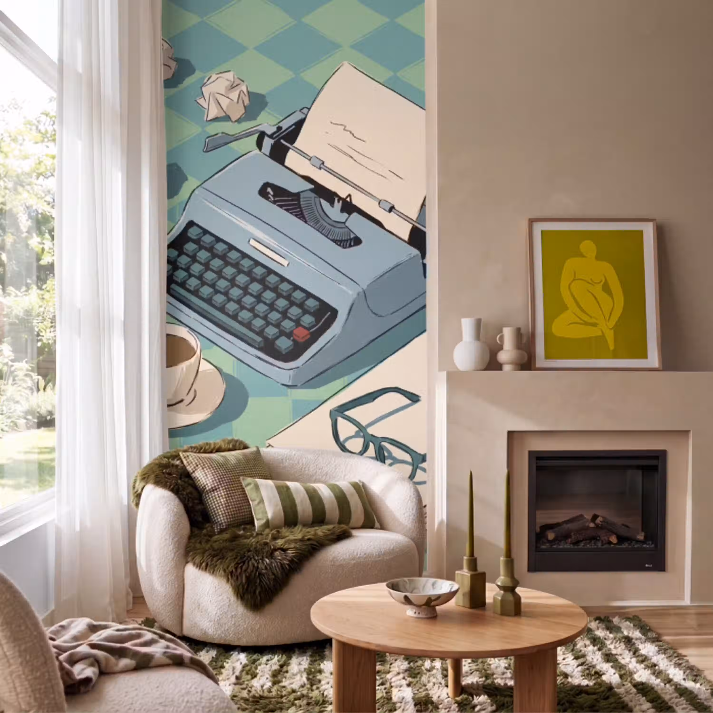 Typemachine - Kantoor - Vintage - Illustratie - Groen Behang Vlies klein -sfeer2