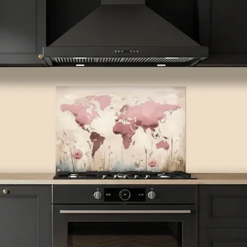 Wereldkaart - Roze - Bloemen keuken achterwand spatscherm klein -sfeer1