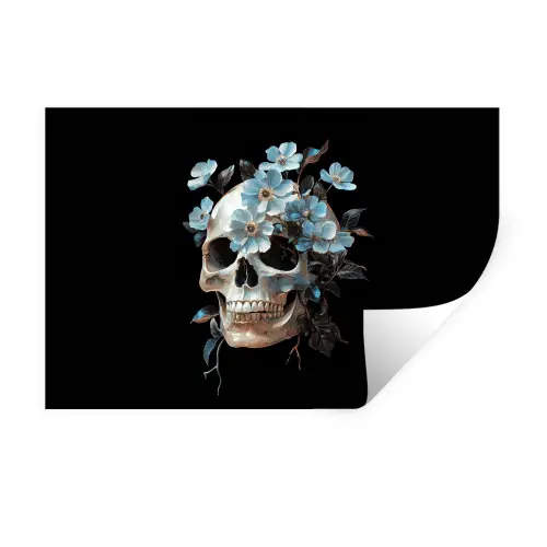 Schedel - Blauw - Bloemen - Bladeren Muursticker klein -3d