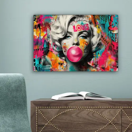 Vrouw - Kauwgom - Graffiti - Neonkleuren canvas 2cm klein -sfeer4