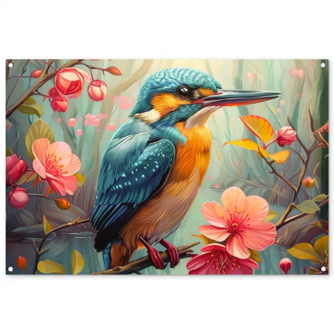 Tuinposter - IJsvogel - Bloesem - Natuur - Vogels - Bloemen