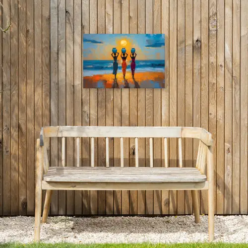 Vrouwen - Strand - Zondsondergang Tuinposter op houten frame 2 cm dik klein -sfeer4