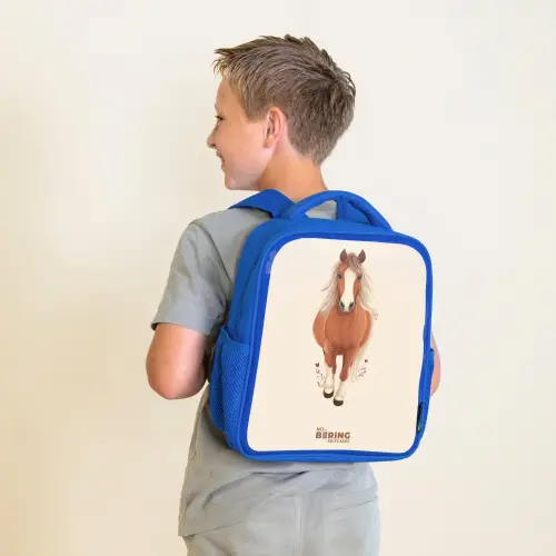 Bruin paard in gallop Kinderrugzak - Blauw middel -sfeer2
