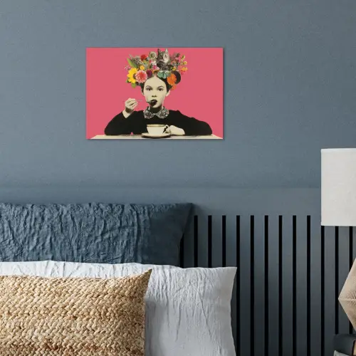 Meisje - Kopje - Bloemen - Roze poster papier klein -sfeer2