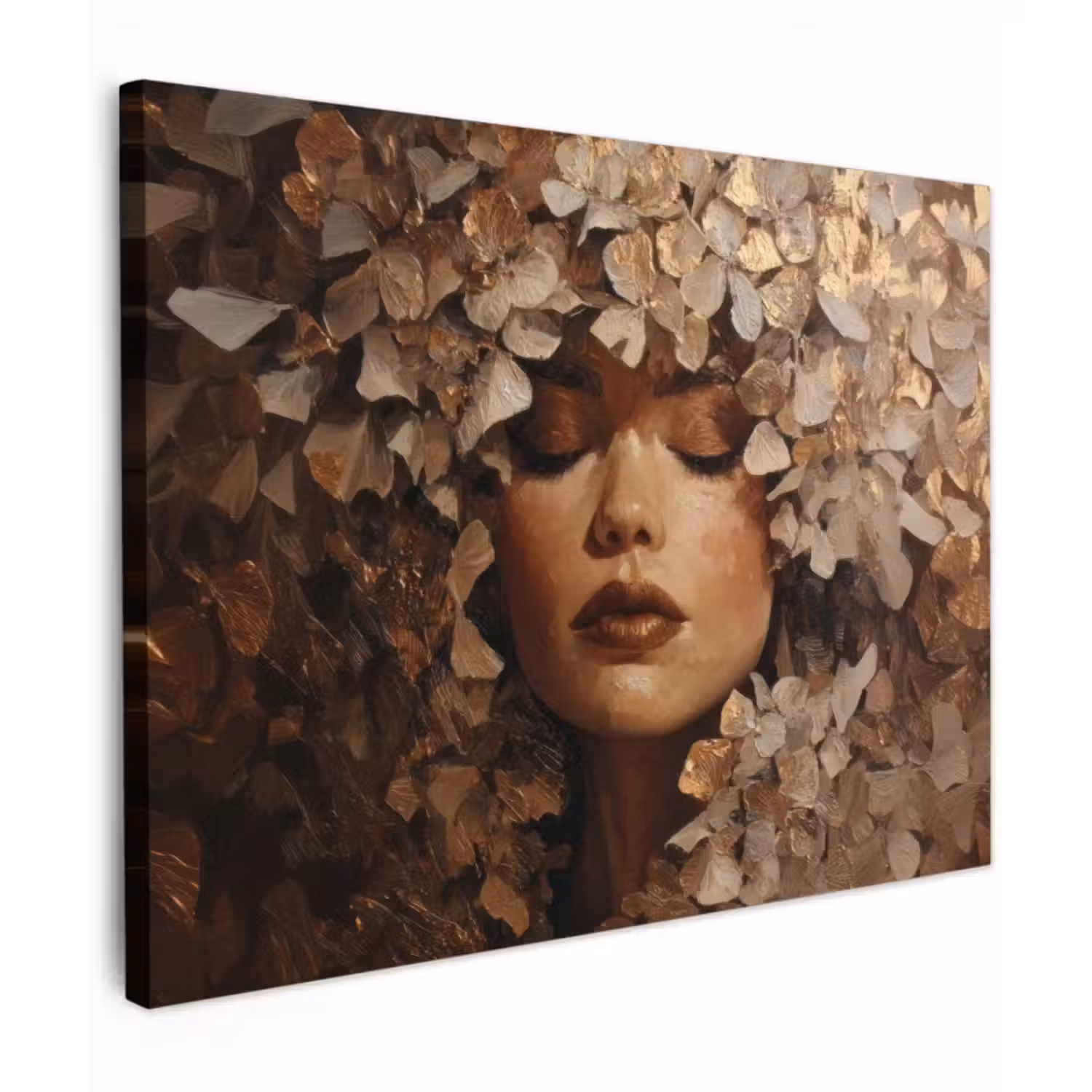 Canvas schilderij - Gezicht - Vrouwe - Bladeren - Penseelstreken