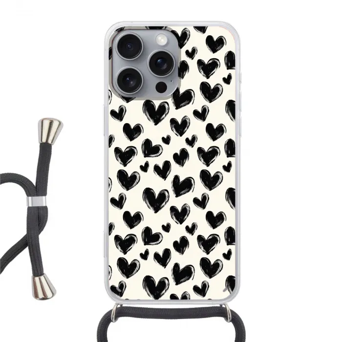 Hartjes - Patroon - Zwart Hoesje iPhone 16 Pro Max met koord klein 804 -3d