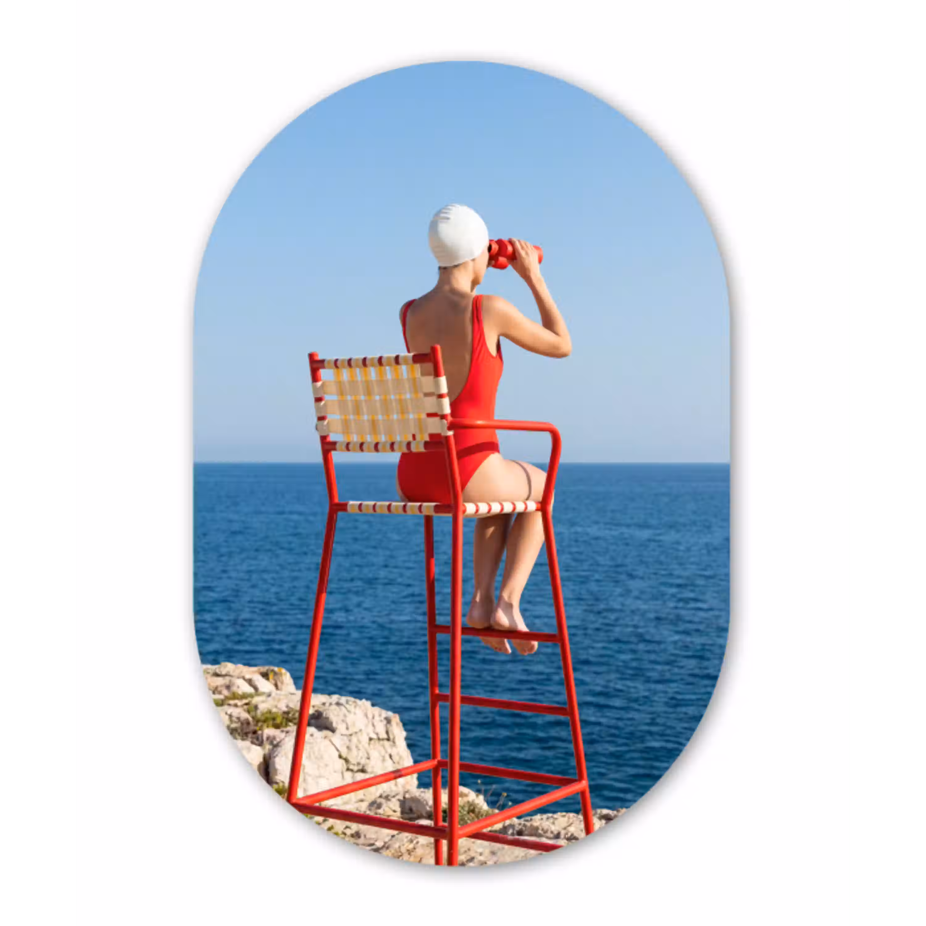 Vrouw - Zee - Kust - Verrekijker - Rood Wandcirkel Ovaal Aluminium middel -3d