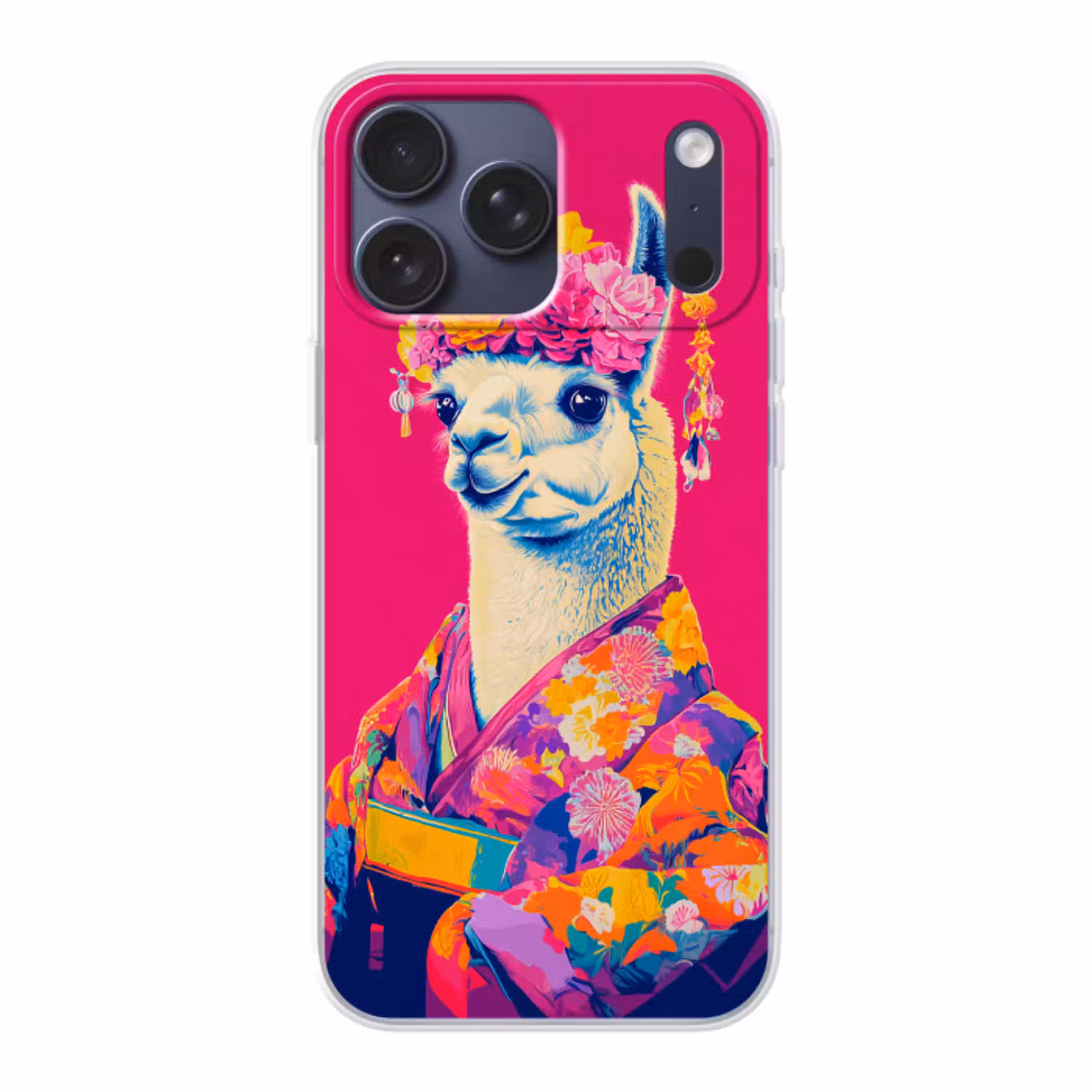 Lama - Kimono - Bloemenkrans - Felroze Telefoonhoesje iPhone 17 Pro Max klein -3d