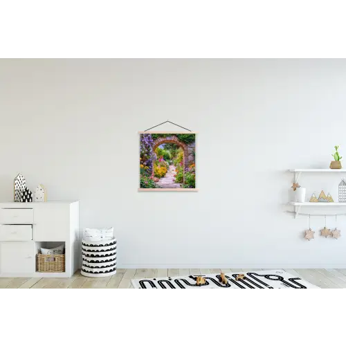 Doorkijk - Bloemen - Pad - Natuur textielposter latten blank klein -kinderkamer