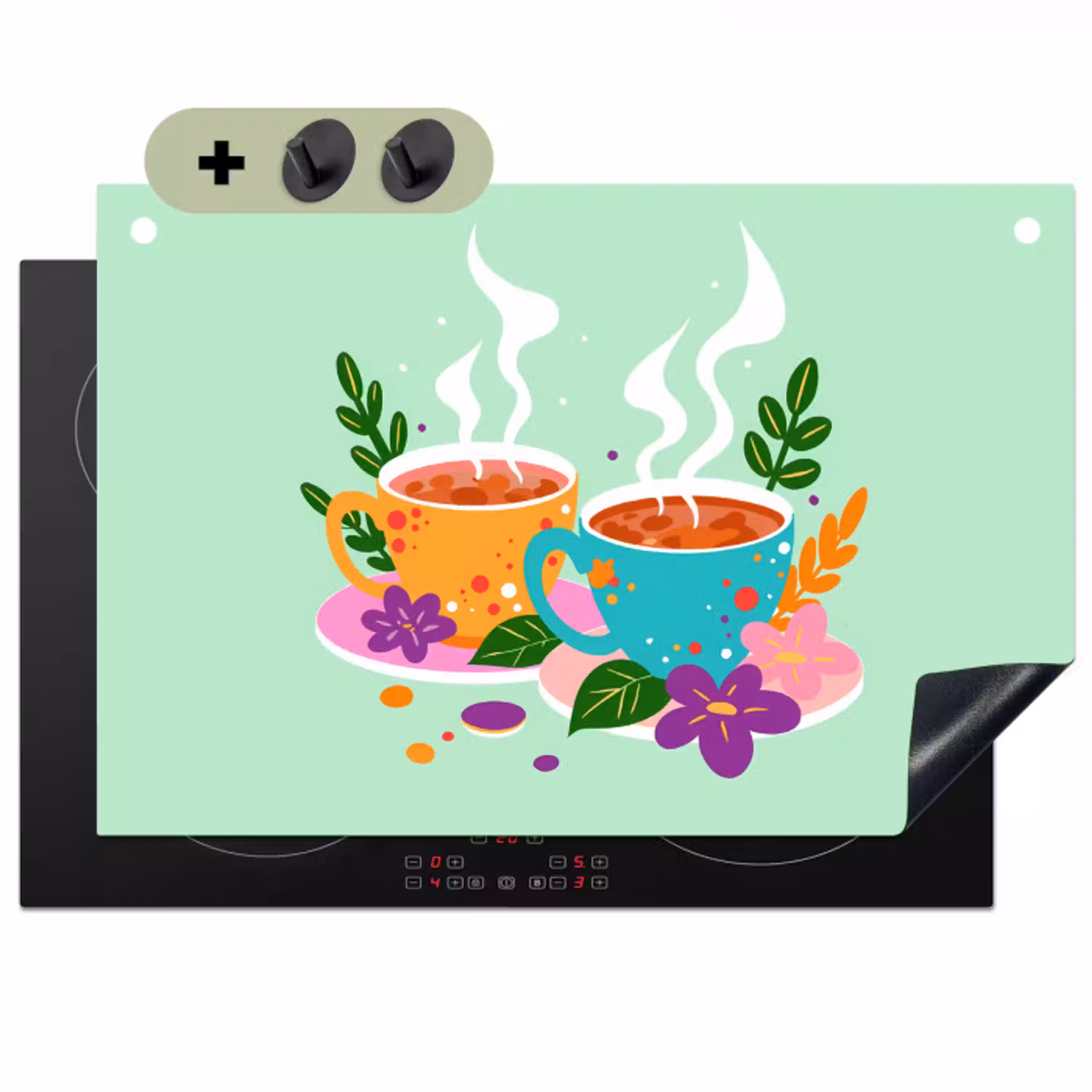 Thee - Illustratie - Kopjes - Bloemen Inductie beschemer met haakjes klein -3d