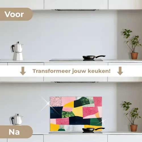 Abstract - Roze - Lappen - Vormen - Geel keuken achterwand spatscherm klein -voor_na_NL