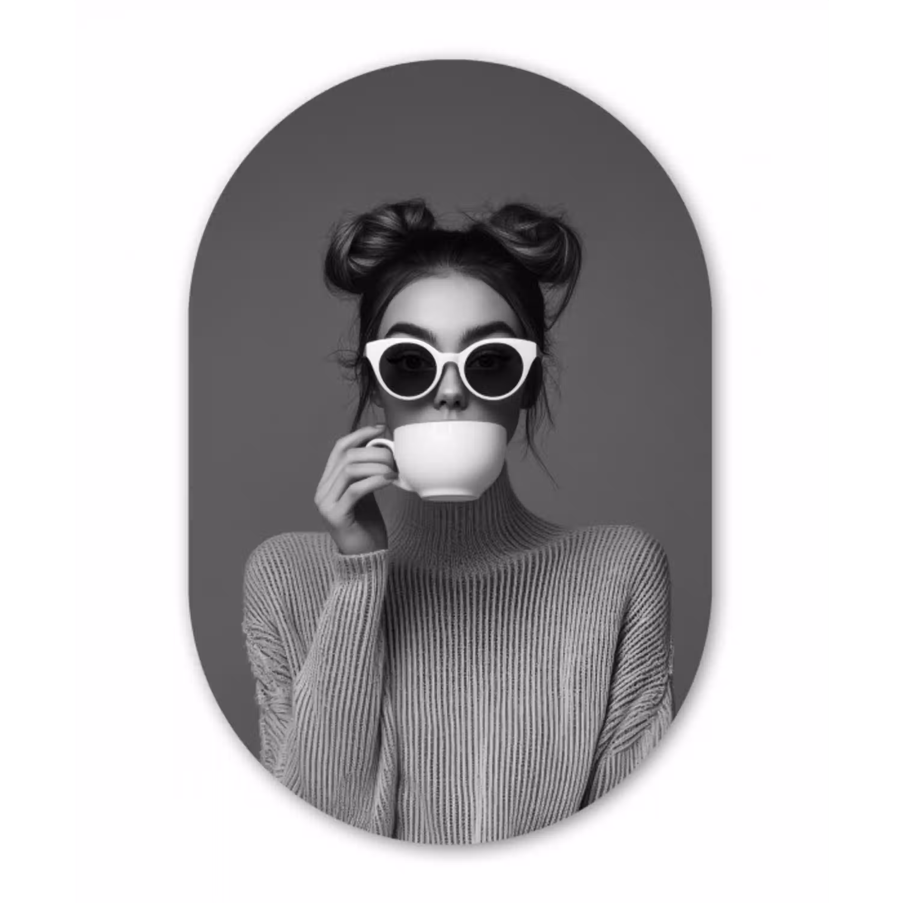 Vrouw - Koffie - Zwart - Wit Wandcirkel Ovaal Glas middel -3d