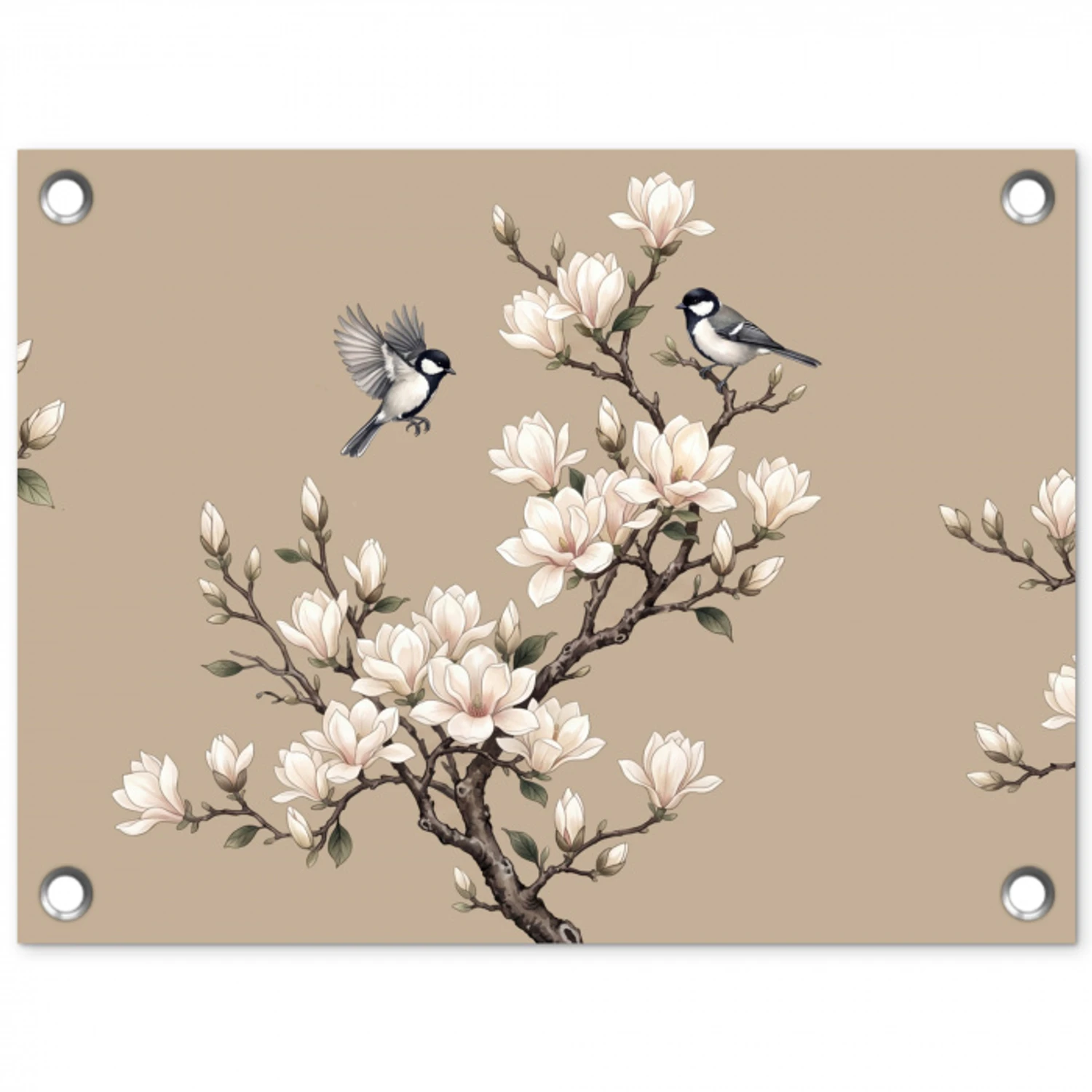 Oosters - Vogels - Beige tuinposter los doek klein -3d