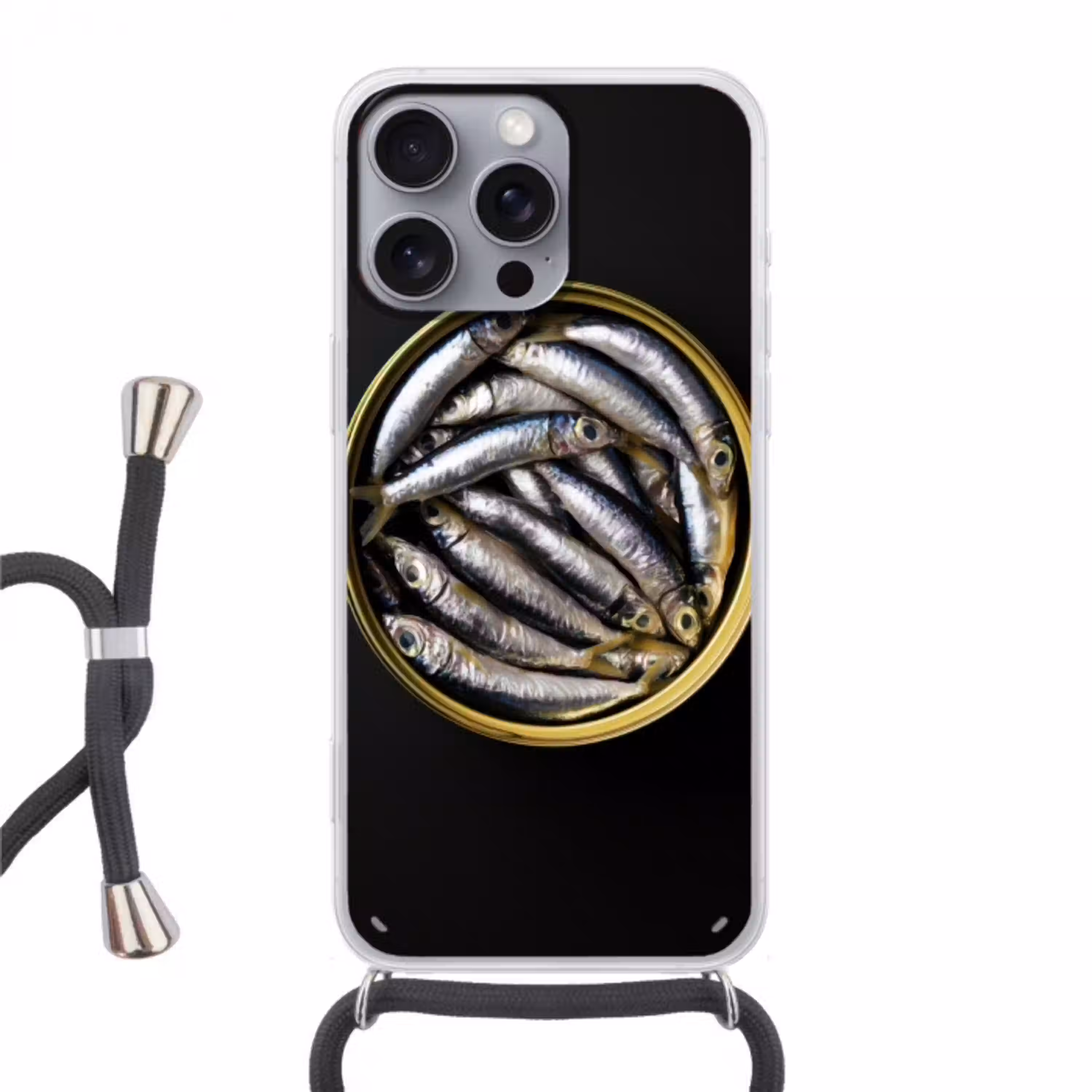 Sardines - Vissen - Rond - Zwart Hoesje iPhone 16 Pro Max met koord klein -3d