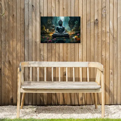 Boeddha in een mystieke tuin Tuinposter op houten frame 2 cm dik klein -sfeer4