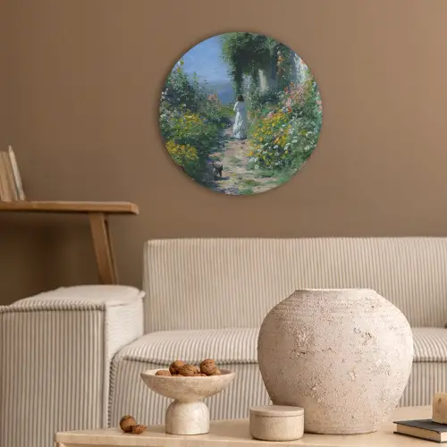 Kat - Vrouw - Bloemen - Huis Akoestische PET Vilt - Rond klein -sfeer1