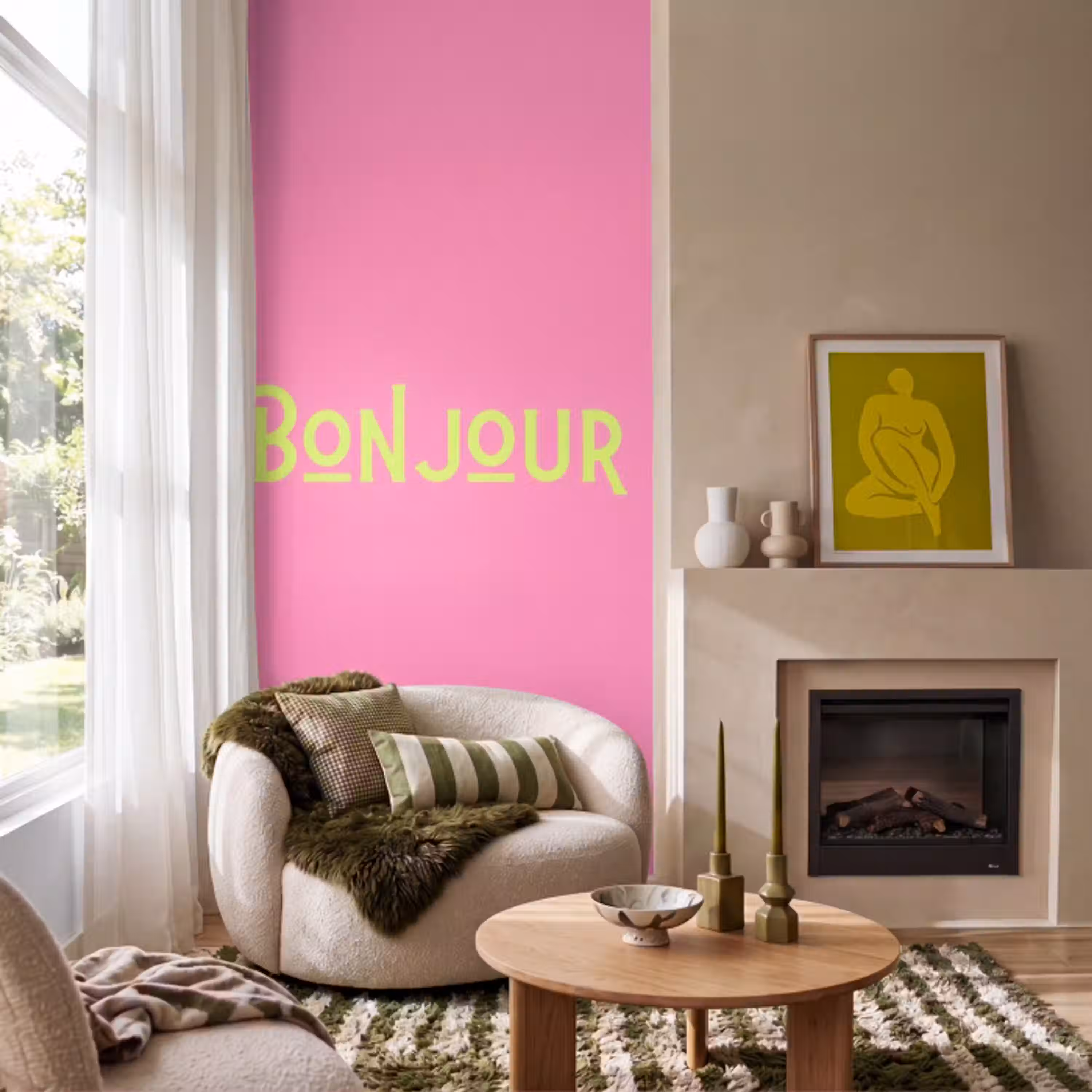 Roze - Groen - Bonjour - Art Behang Vlies klein -sfeer2