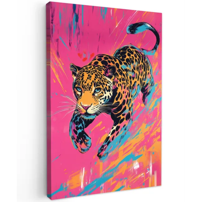 Luipaard - Roze - Oranje - Blauw - Verf Tuinposter op houten frame 2 cm dik klein -3d