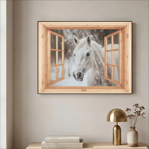 Doorkijk - Paard - Wit - Winter - Sneeuw - Dieren Textielframe - compleet frame klein -sfeer2