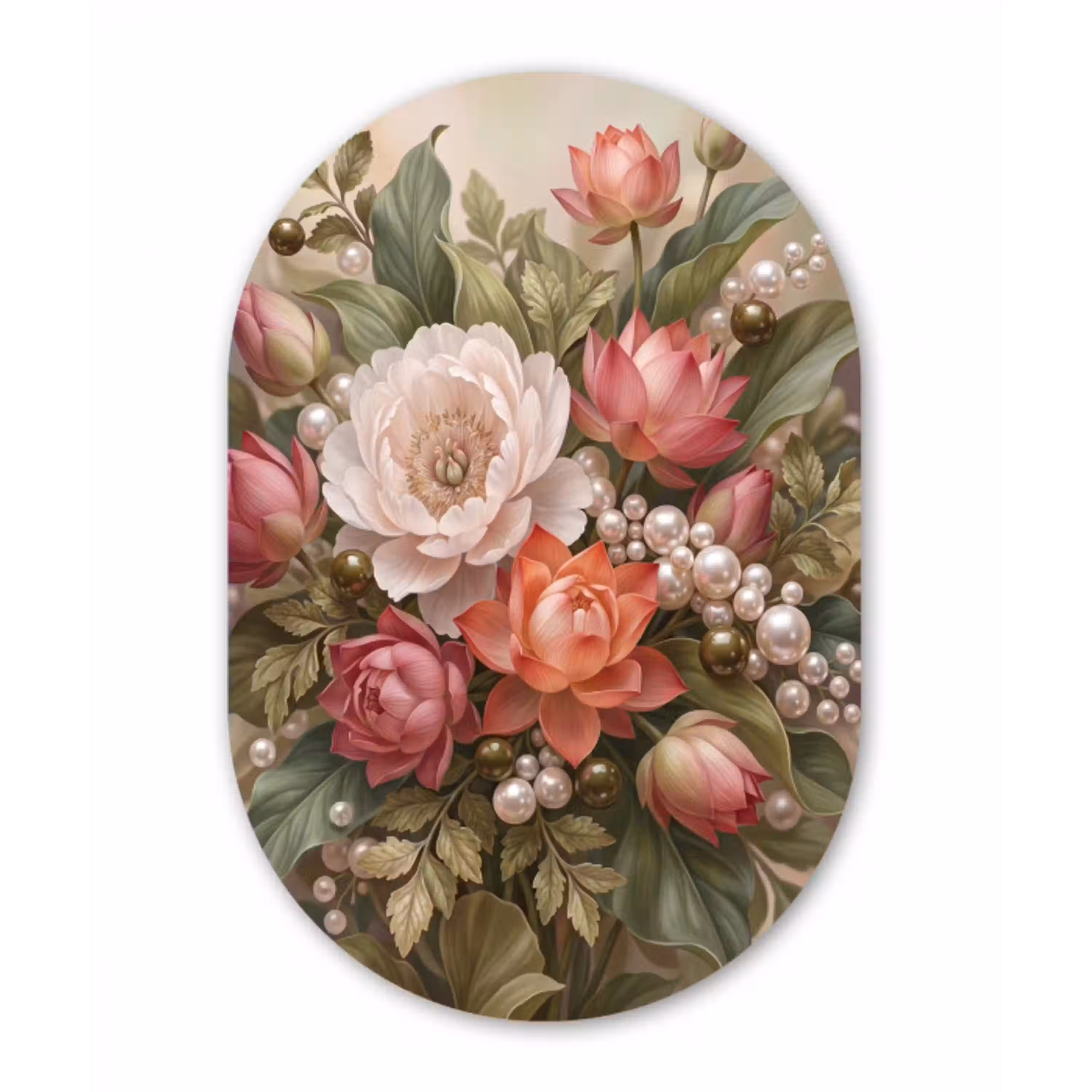 Bloemen - Parels - Elegant - Roze - Wit Wandcirkel Ovaal Forex klein -3d