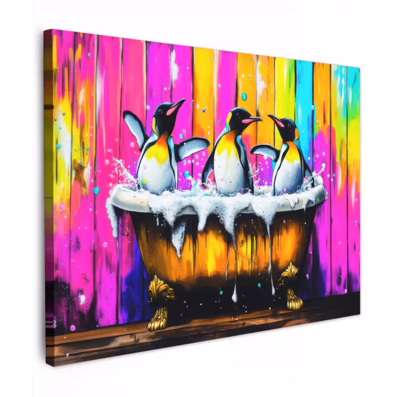 Canvas schilderij - Pinguïns - Badkuip - Kleurrijk - Schuim