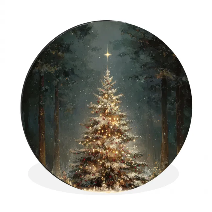 Kerstboom - Bos - Sneeuw - meerkleurig Wandcirkel aluminium klein -3d
