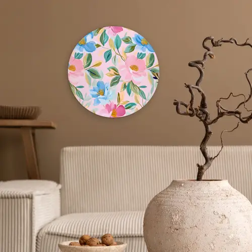 Blauw - Roze - Bloemen Wandcirkel plexiglas klein -sfeer1