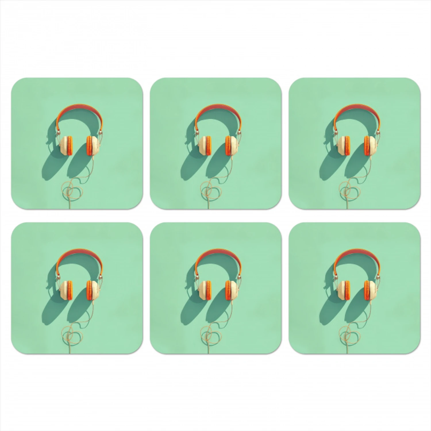 Koptelefoon - Oranje - Snoer - Minimalistisch onderzetter kurk middel -3d