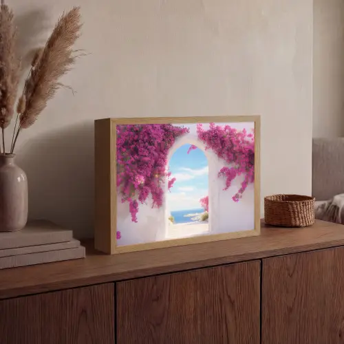 Zee - Roze - Bloemen - Poort Light Box met batterij (Wandlamp) middel -sfeer2