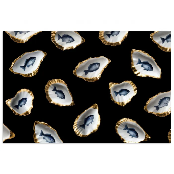 Oesters - Vissen - Blauw - Goud poster papier klein -3d