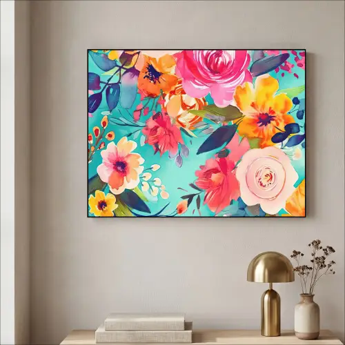 Bloemen - Olieverf - Kleurrijk - Natuur Textielframe zwart klein -sfeer2