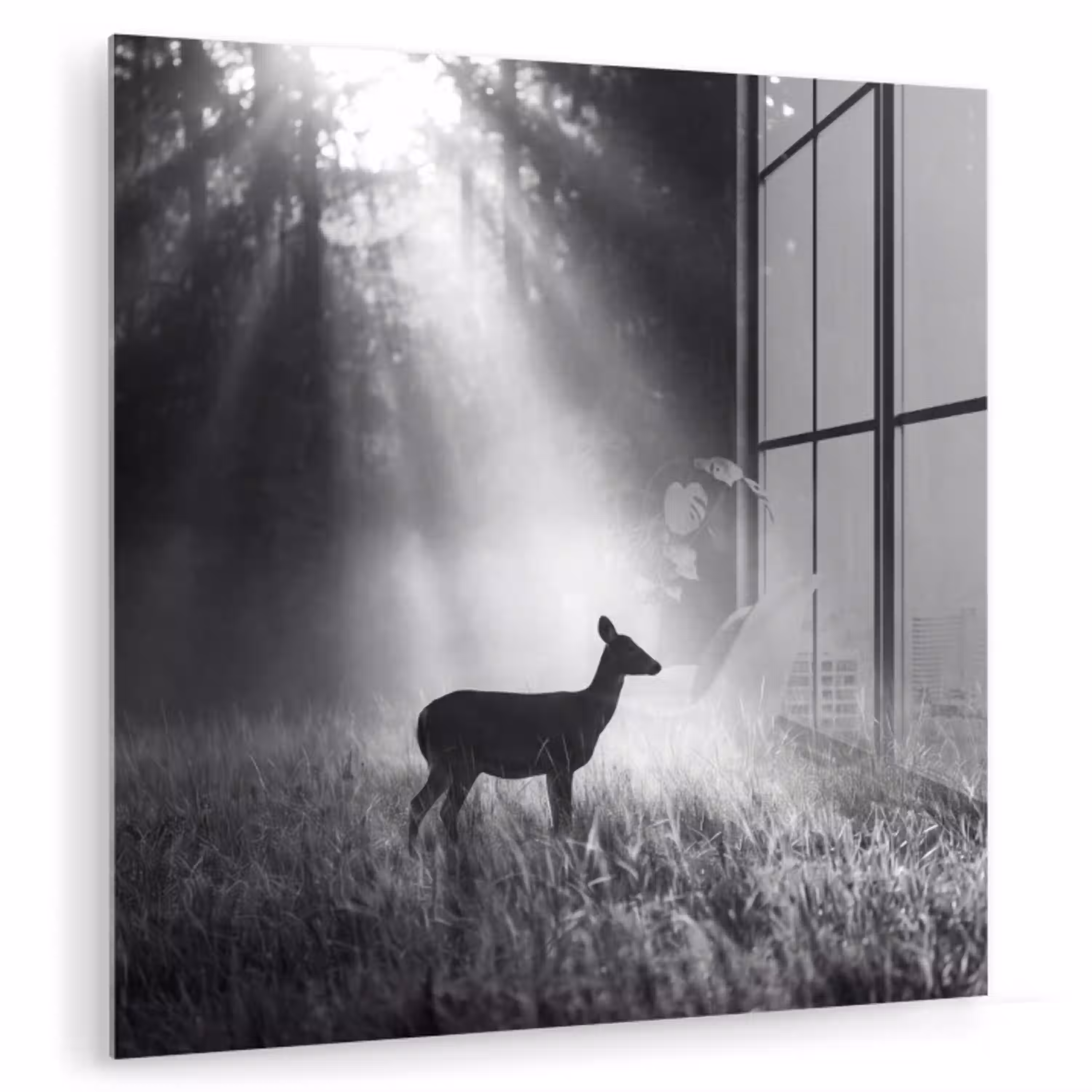 Hert - Bos - Zonnestralen - Zwart-wit - Natuur plexiglas 5mm klein -zzzproduct_nieuw