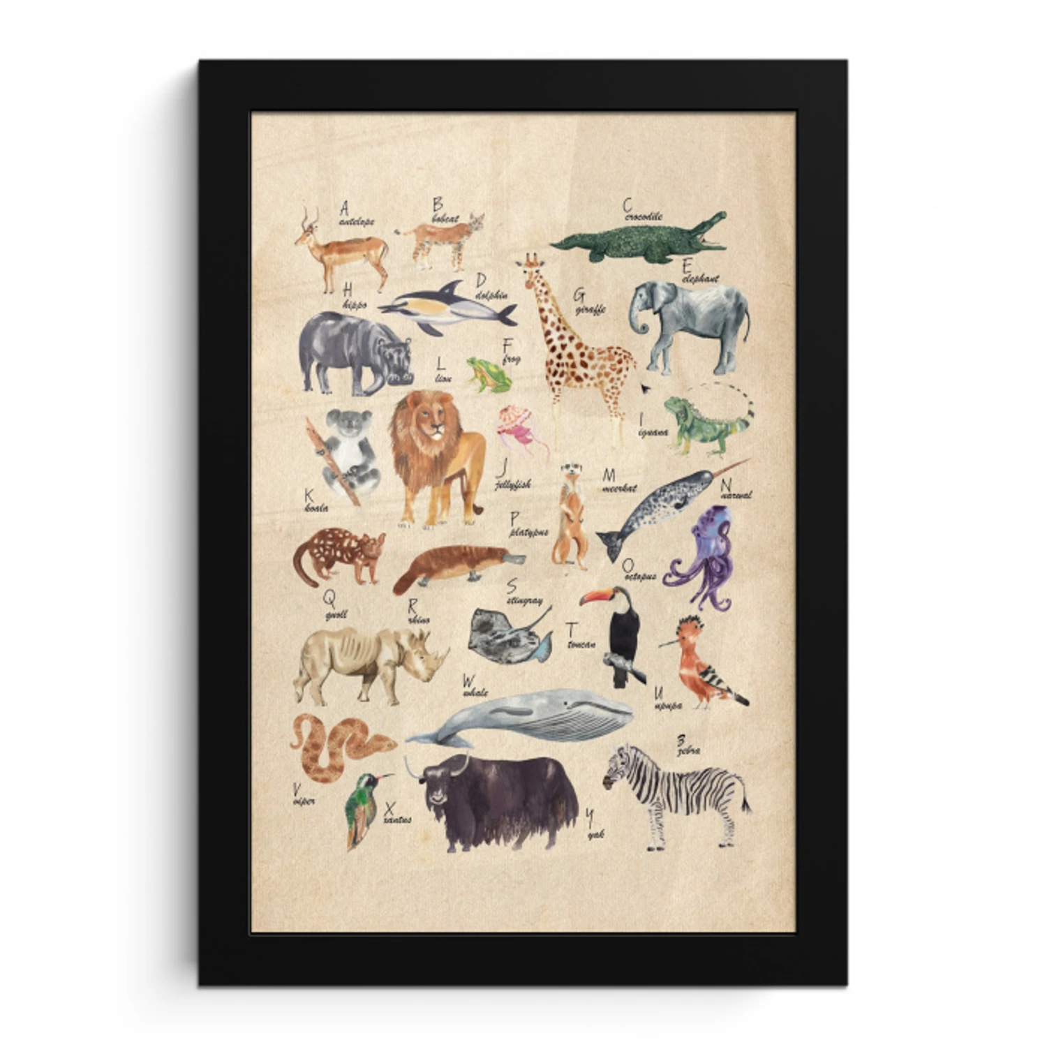 Alfabet - Dieren - Leeuw - Retro - Bruin - Kids - Kinderen fotolijst zwart zonder passe partout klein -3d