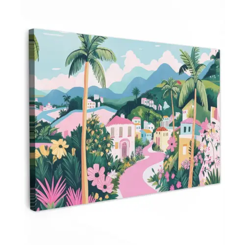 Kleurrijk - Huizen - Heuvels - Roze canvas 2cm klein -z3d