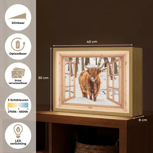 Schotse Hooglander - Winter - Landschap - Natuur - Dieren - Doorkijk Light Box met batterij (Wandlamp) middel -USP_websiteoverzichtNL
