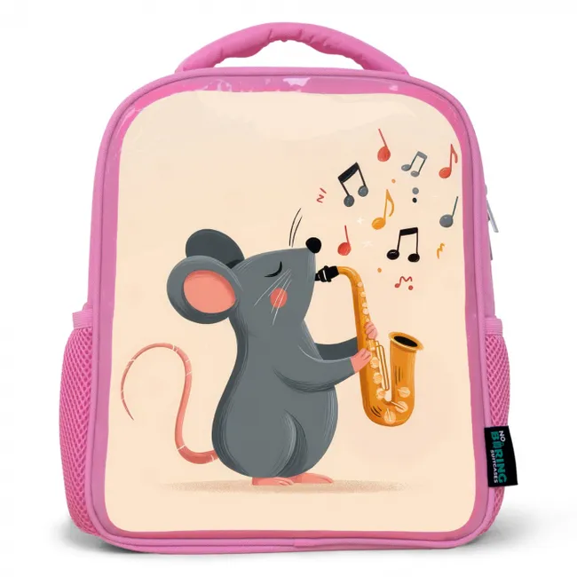 Muis - Saxofoon - Muzieknoten Kinderrugzak - Roze middel -3d