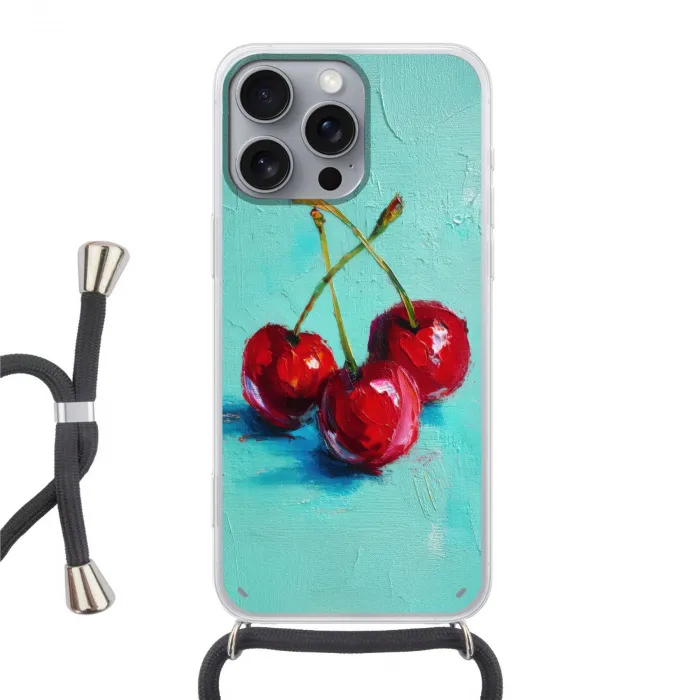 Kersen - Rood - Drie - Geverfd Hoesje iPhone 16 Pro Max met koord klein -3d